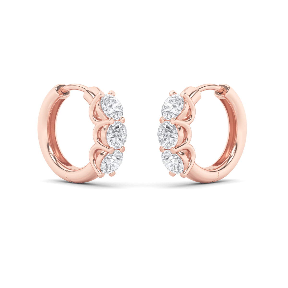 2Cttw Round Shaped Lab Grown Diamond (F/VS) ThreeStone Huggie Earrings in 14K Gold