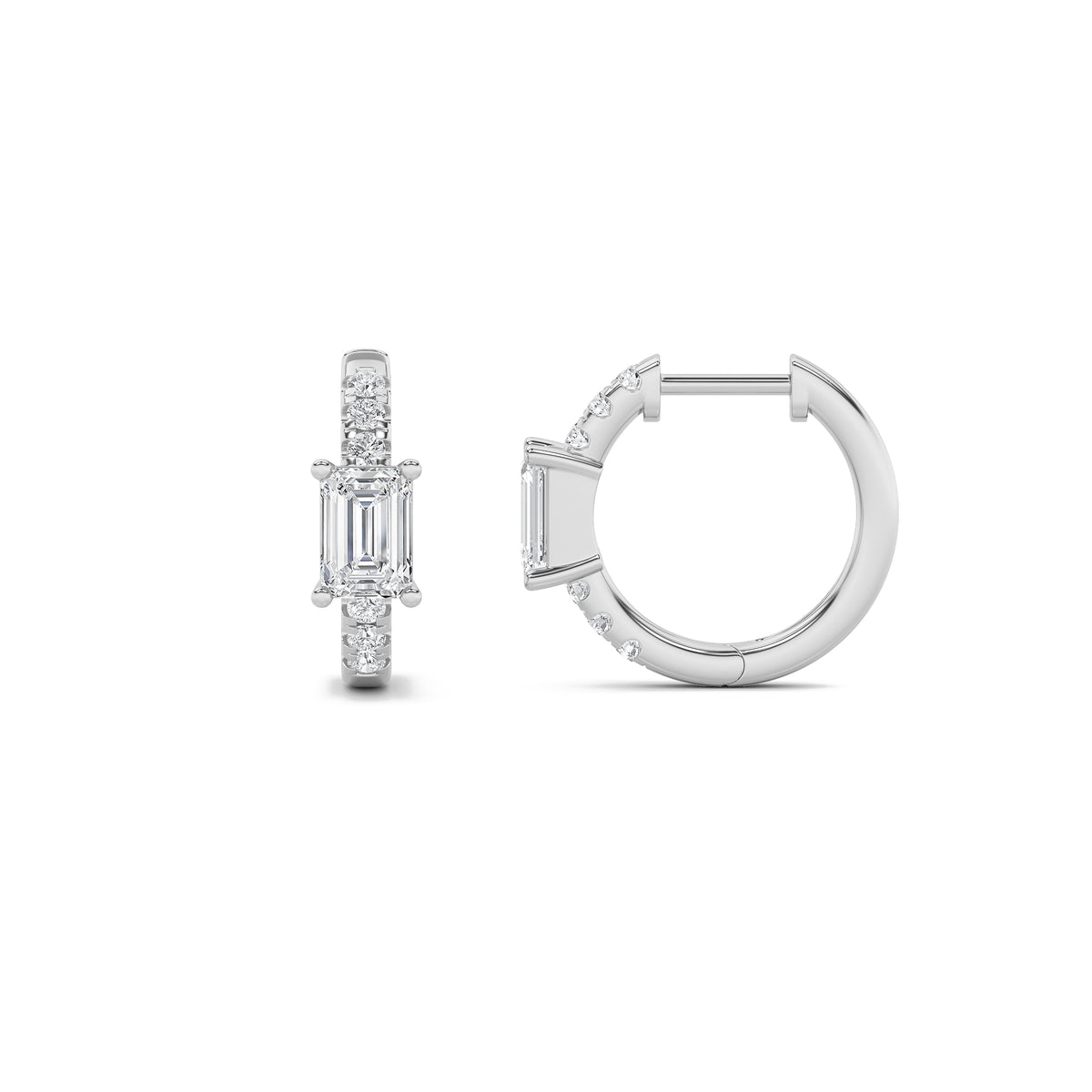 1.5Cttw Emerald Shaped Lab Grown Diamond (F/VS) Solitare Accent Huggie Earrings in 10K Gold