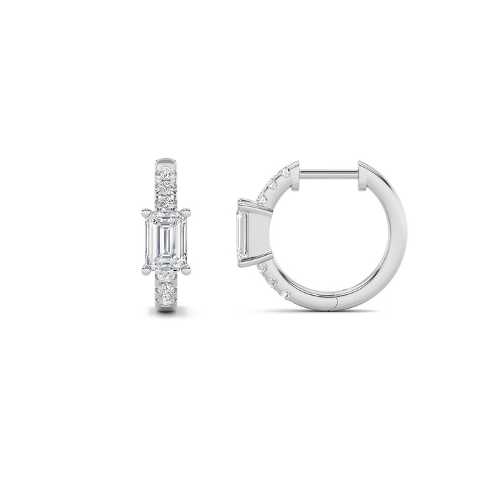 1.5Cttw Emerald Shaped Lab Grown Diamond (F/VS) Solitare Accent Huggie Earrings in 14K Gold