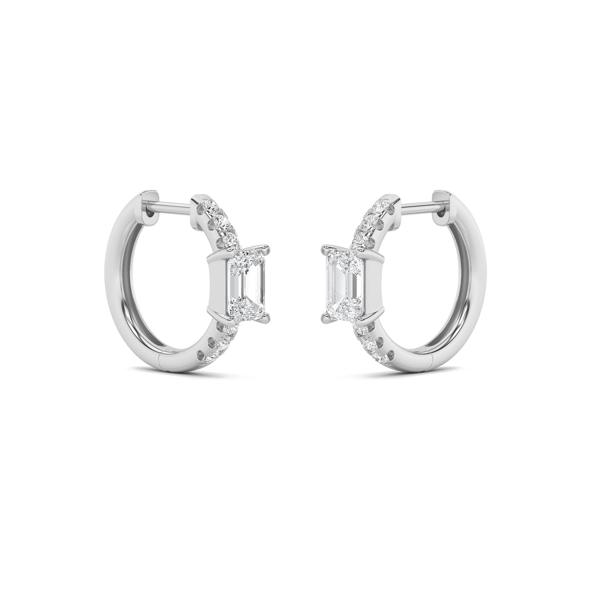 1.5Cttw Emerald Shaped Lab Grown Diamond (G/VS) Solitare Accent Huggie Earrings in 14K Gold