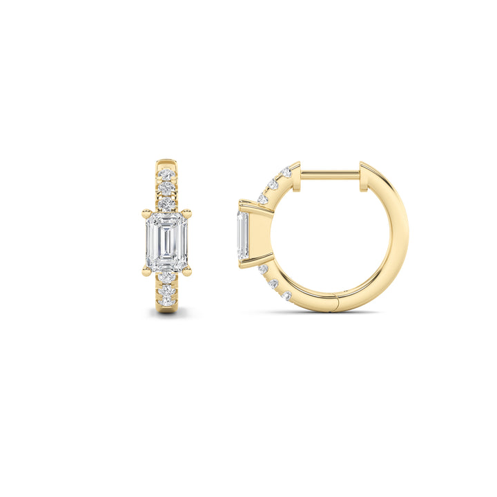1.5Cttw Emerald Shaped Lab Grown Diamond (G/VS) Solitare Accent Huggie Earrings in 14K Gold