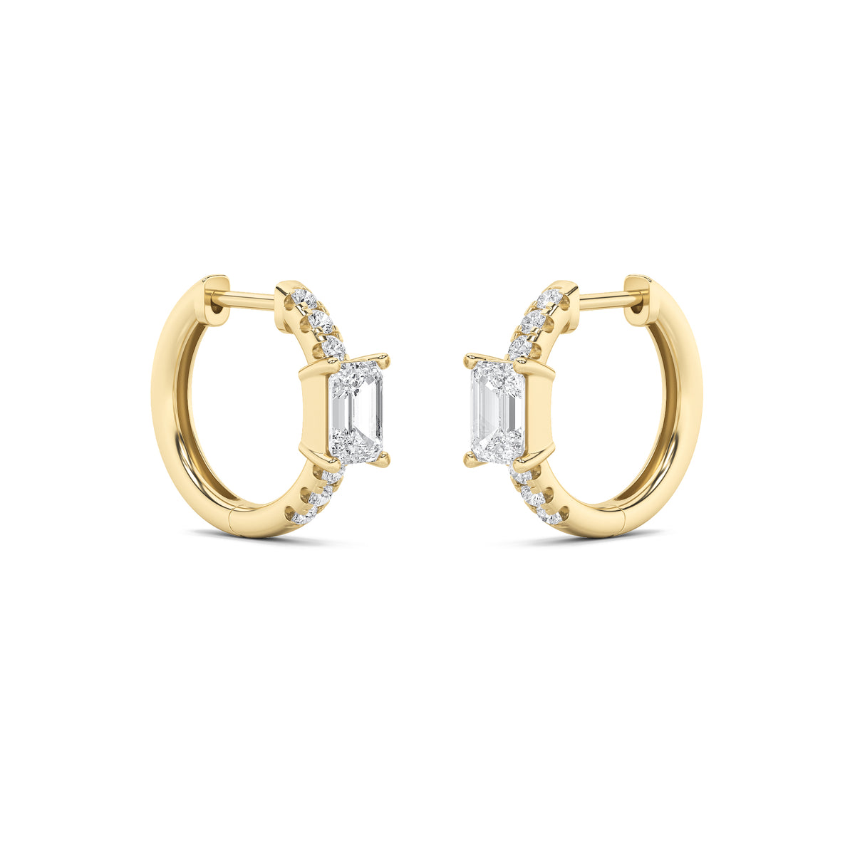 1.5Cttw Emerald Shaped Lab Grown Diamond (G/VS) Solitare Accent Huggie Earrings in 14K Gold
