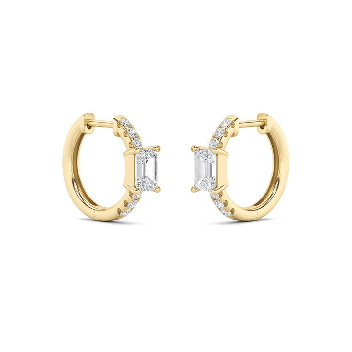 1.5Cttw Emerald Shaped Lab Grown Diamond (G/VS) Solitare Accent Huggie Earrings in 14K Gold