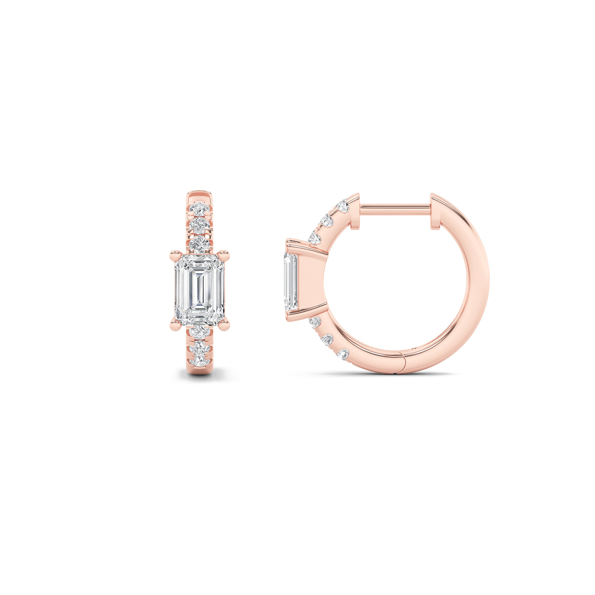 1.5Cttw Emerald Shaped Lab Grown Diamond (F/VS) Solitare Accent Huggie Earrings in 14K Gold