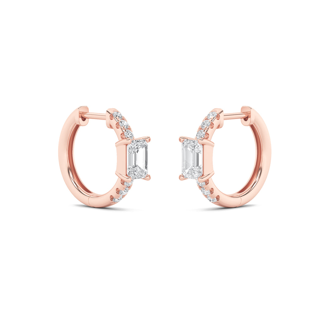 1.5Cttw Emerald Shaped Lab Grown Diamond (F/VS) Solitare Accent Huggie Earrings in 14K Gold