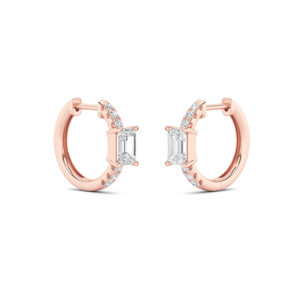 1.5Cttw Emerald Shaped Lab Grown Diamond (F/VS) Solitare Accent Huggie Earrings in 14K Gold
