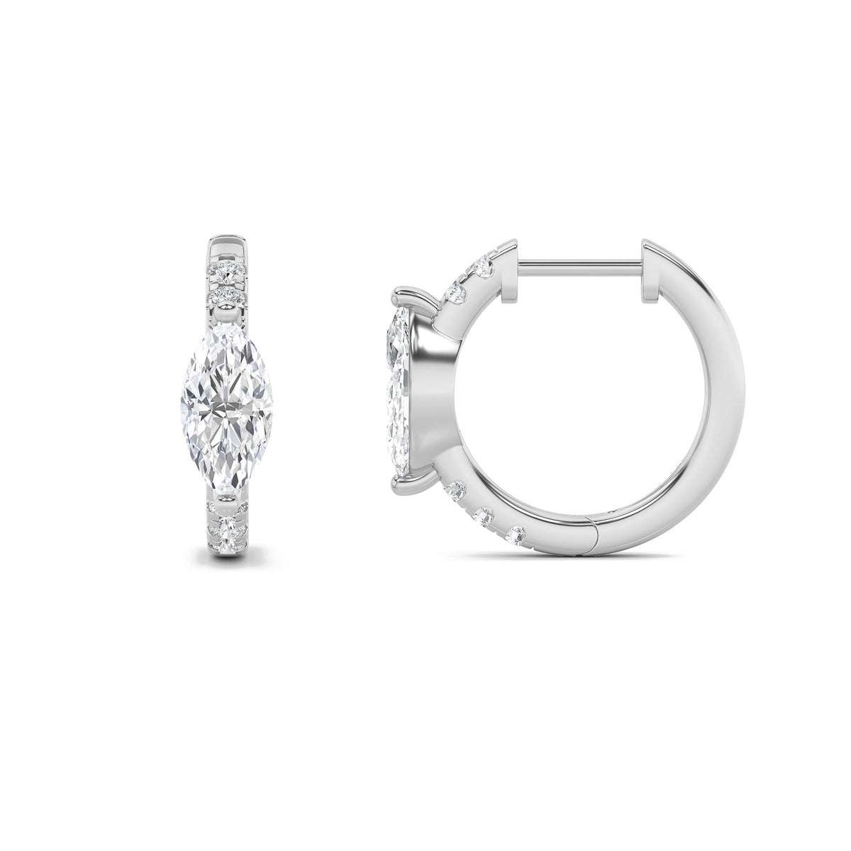 1.5Cttw Marquise Shaped Lab Grown Diamond (F/VS) Solitare Accent Huggie Earrings in 10K Gold