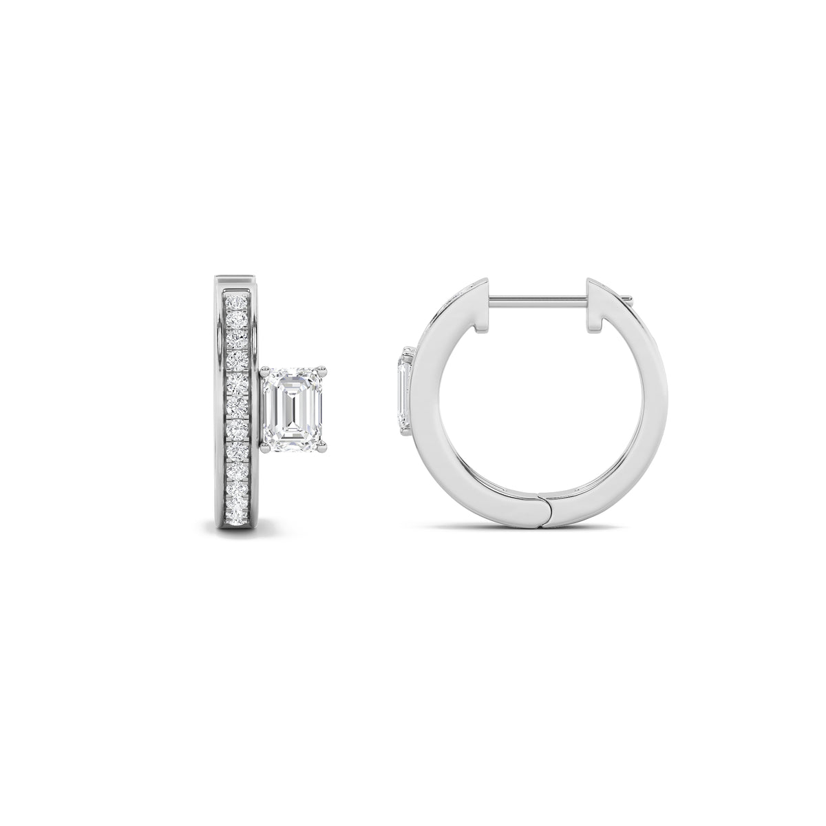 1.25Cttw Emerald Shaped Lab Grown Diamond (F/VS) Accented Huggie Earrings in 14K Gold