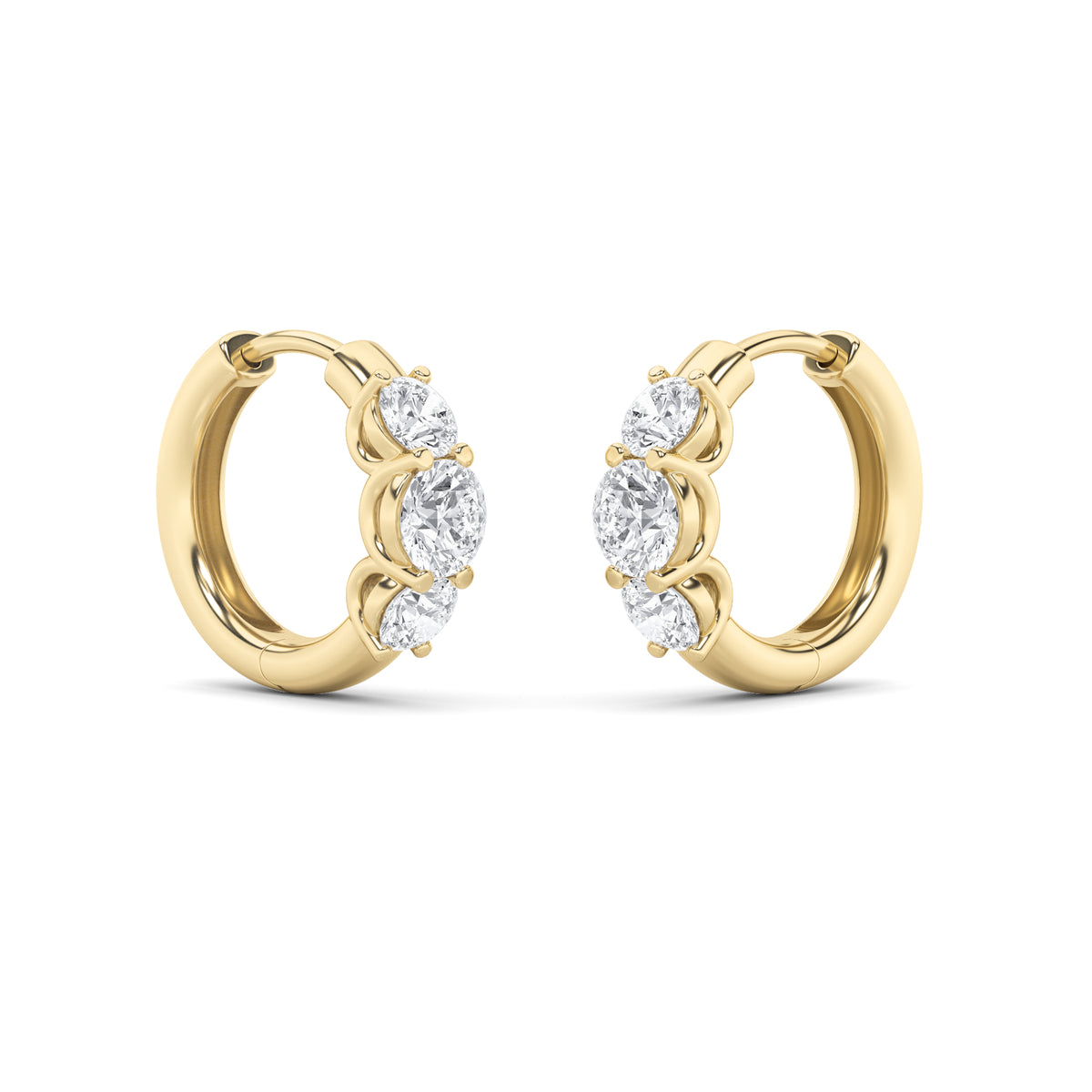 2Cttw Round Shaped Lab Grown Diamond (F/VS) ThreeStone Huggie Earrings in 14K Gold