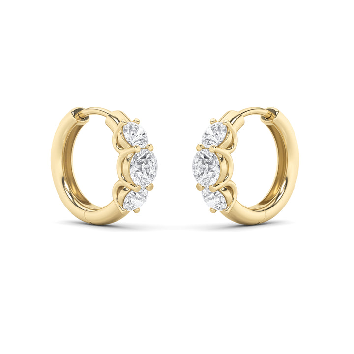 2Cttw Round Shaped Lab Grown Diamond (F/VVS) Three Stone Huggie Earrings in 14K Gold