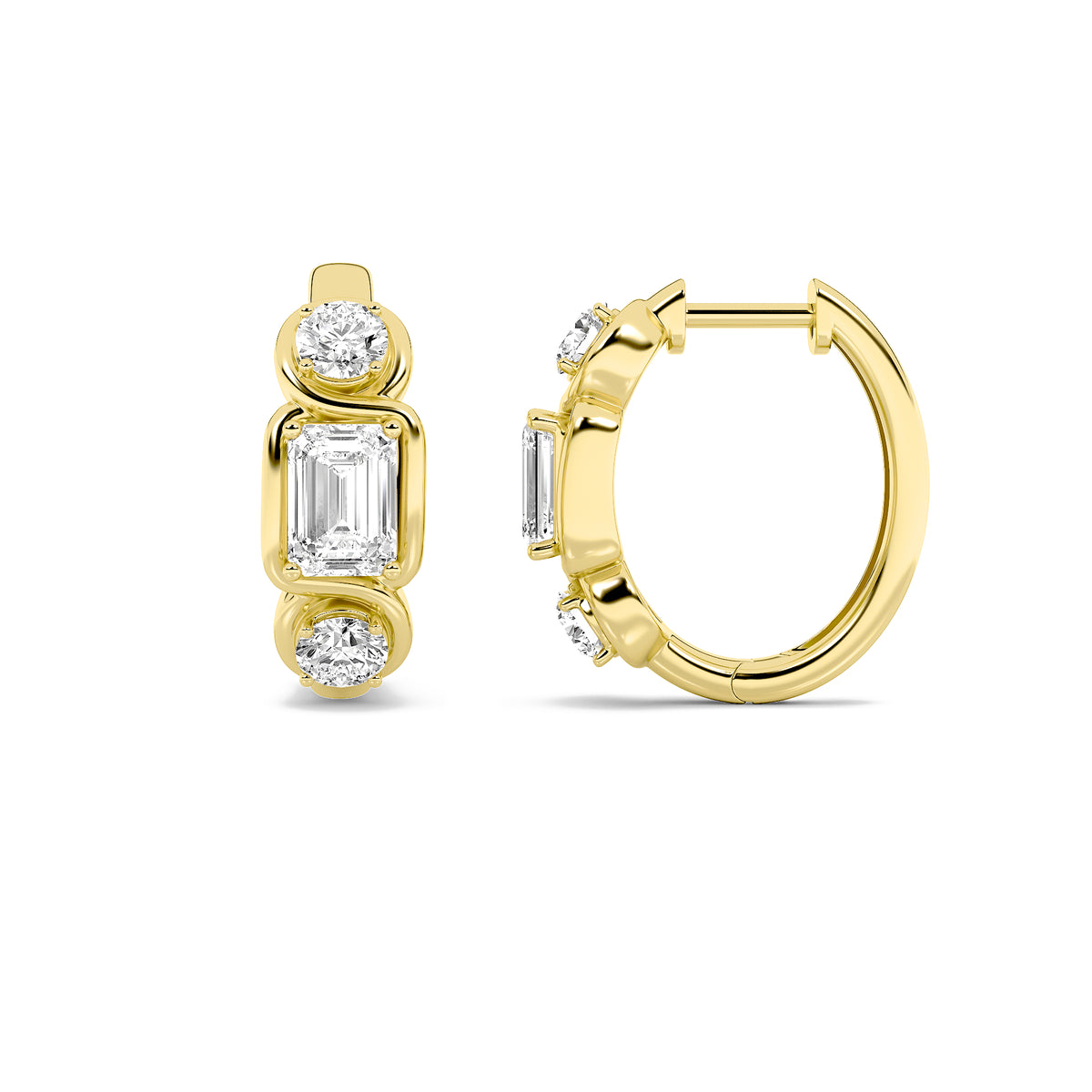 2.5Cttw Emerald Shaped Lab Grown Diamond (F/VS) Three Stone Earrings in 14K Gold
