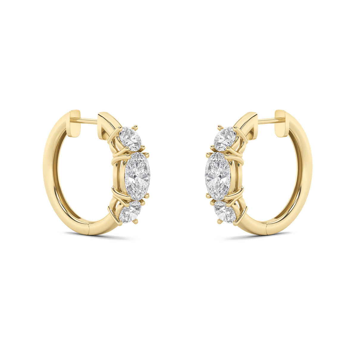 2.5Cttw Oval Shaped Lab Grown Diamond (F/VS) Three Stone Huggie Earrings in 14K Gold