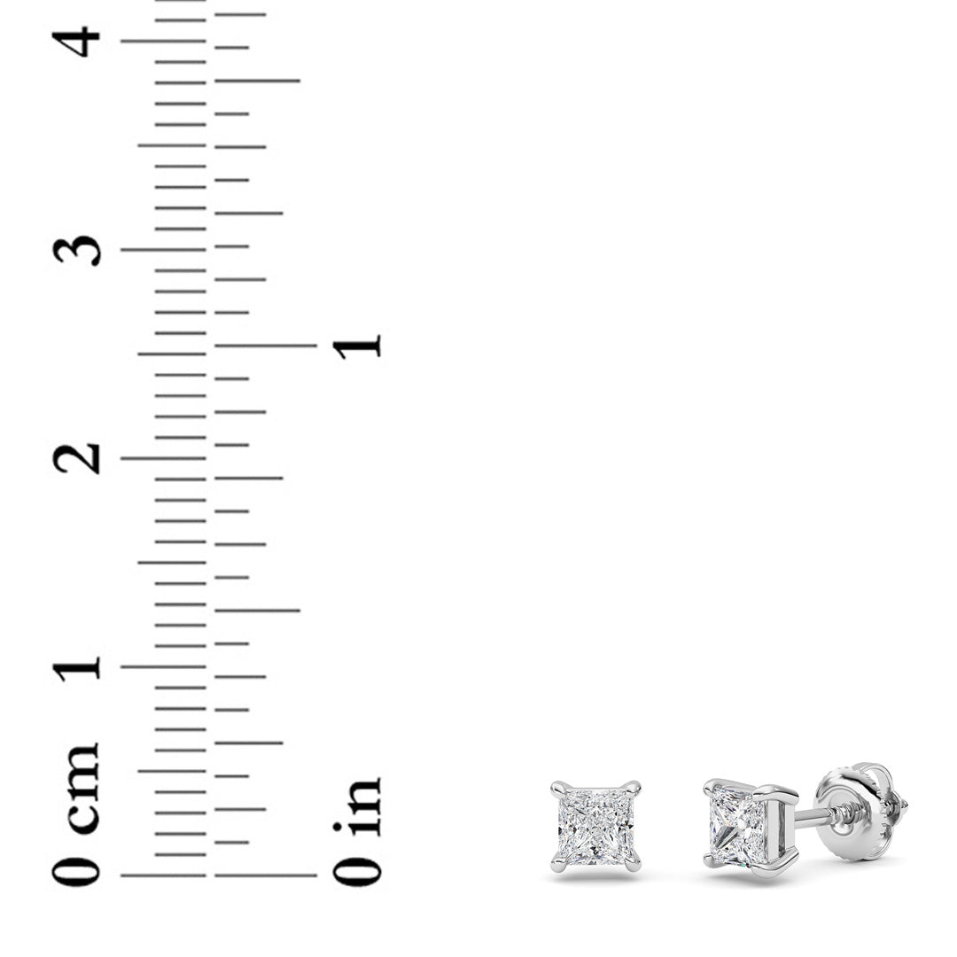 1Cttw Princess Shaped Lab Grown Diamond (F/VS) Stud Earrings in 14K Gold