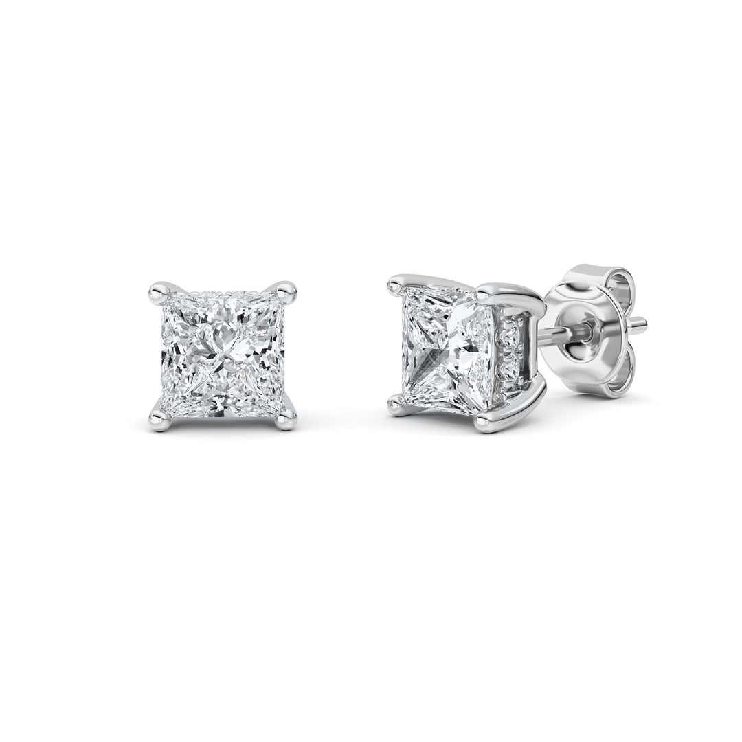 2Cttw Princess Shaped Lab Grown Diamond (F/VS) Hidden Halo Stud Earrings in 14K Gold