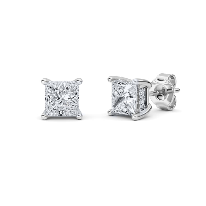 2Cttw Princess Shaped Lab Grown Diamond (F/VS) Hidden Halo Stud Earrings in 14K Gold