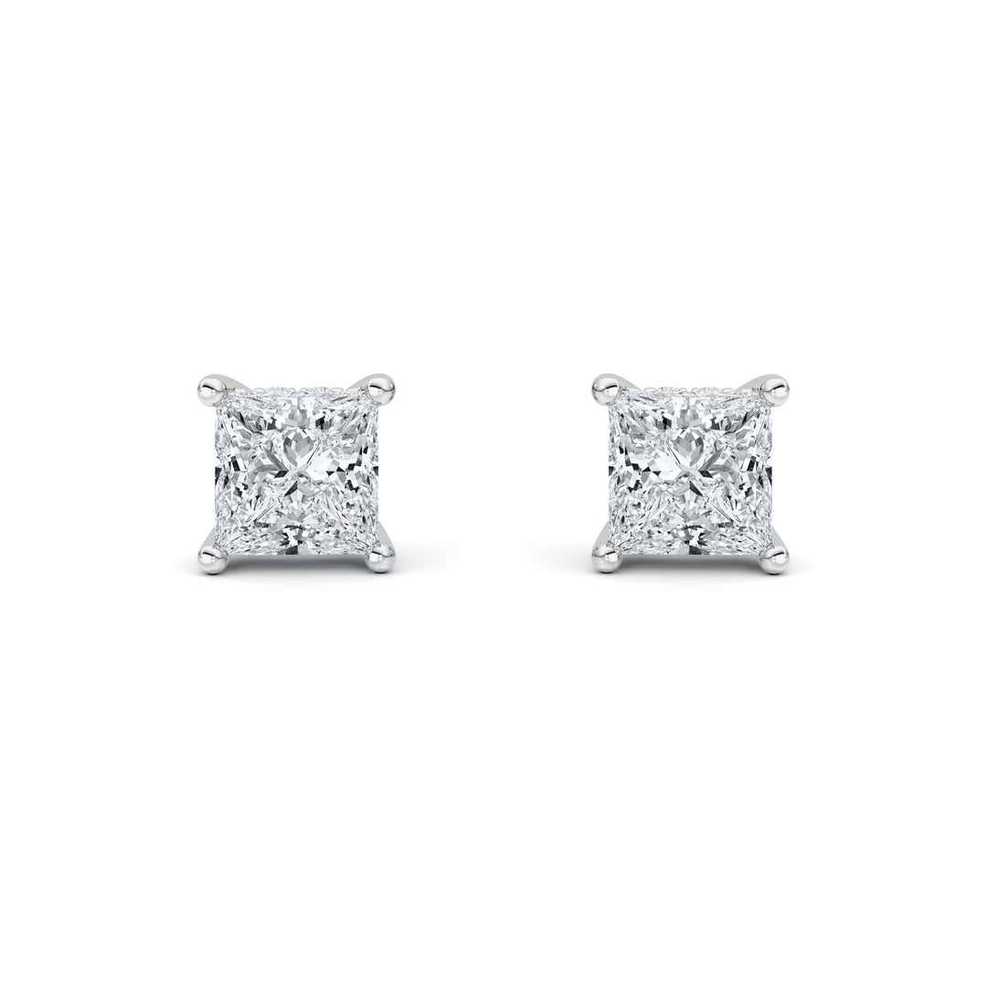 2Cttw Princess Shaped Lab Grown Diamond (F/VS) Hidden Halo Stud Earrings in 14K Gold