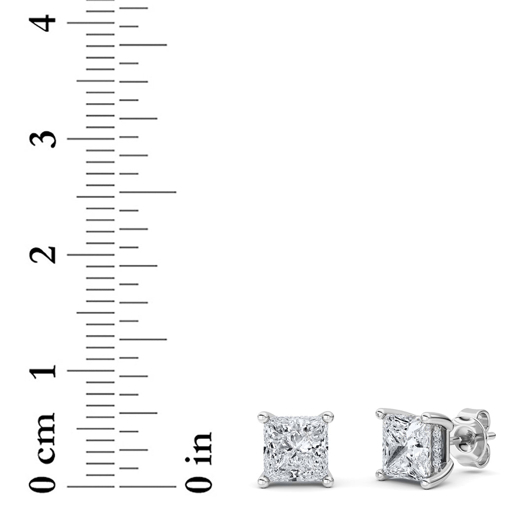 3Cttw Princess Shaped Lab Grown Diamond (F/VS) Hidden Halo Stud Earrings in 14K Gold