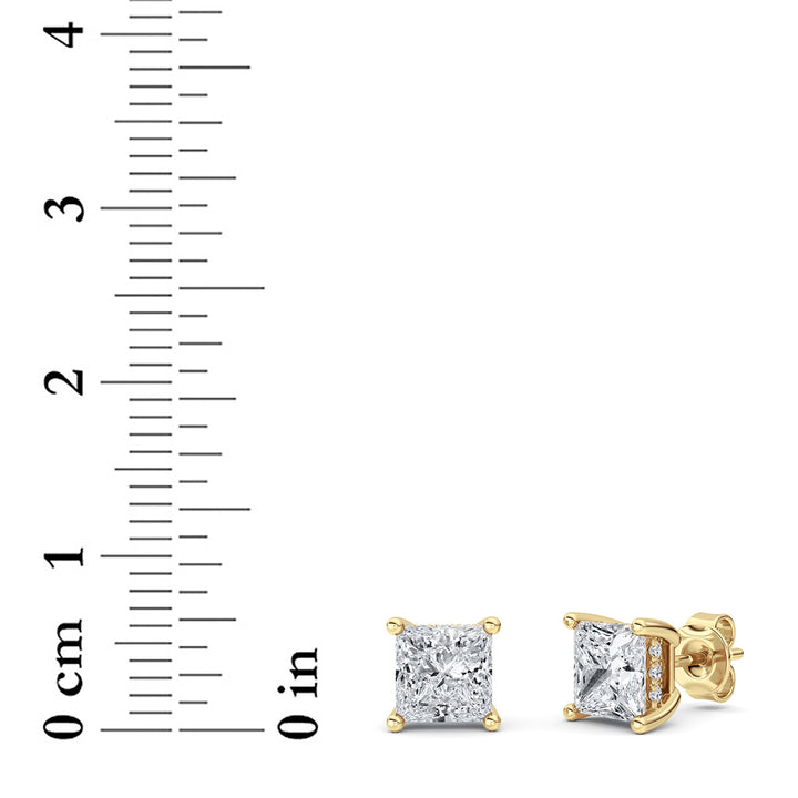 3Cttw Princess Shaped Lab Grown Diamond (F/VS) Hidden Halo Stud Earrings in 14K Gold