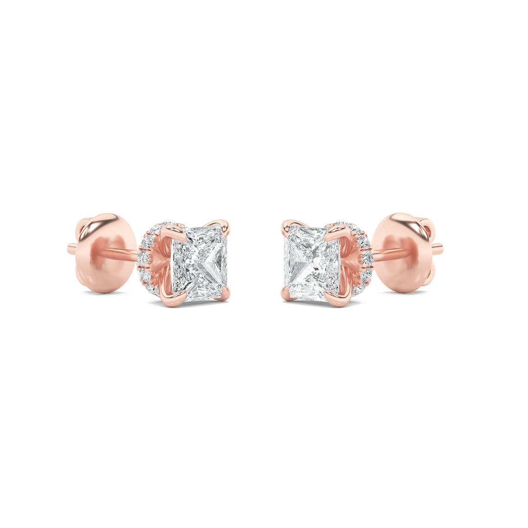 2Cttw Princess Shaped Lab Grown Diamond (F/VS) Hidden Halo Stud Earrings in 14K Gold