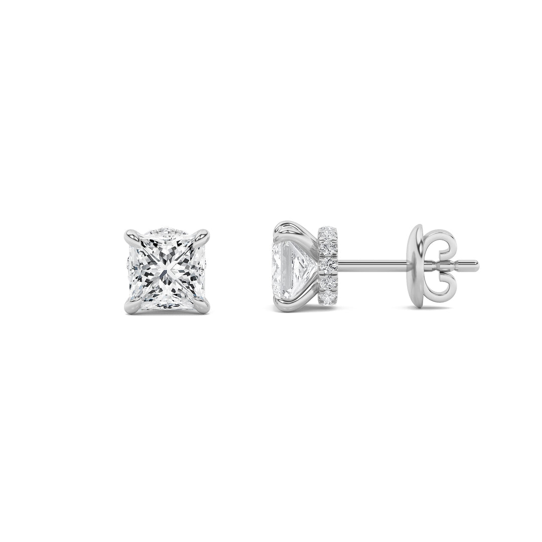 3Cttw Princess Shaped Lab Grown Diamond (F/VS) Hidden Halo Stud Earrings in 14K Gold