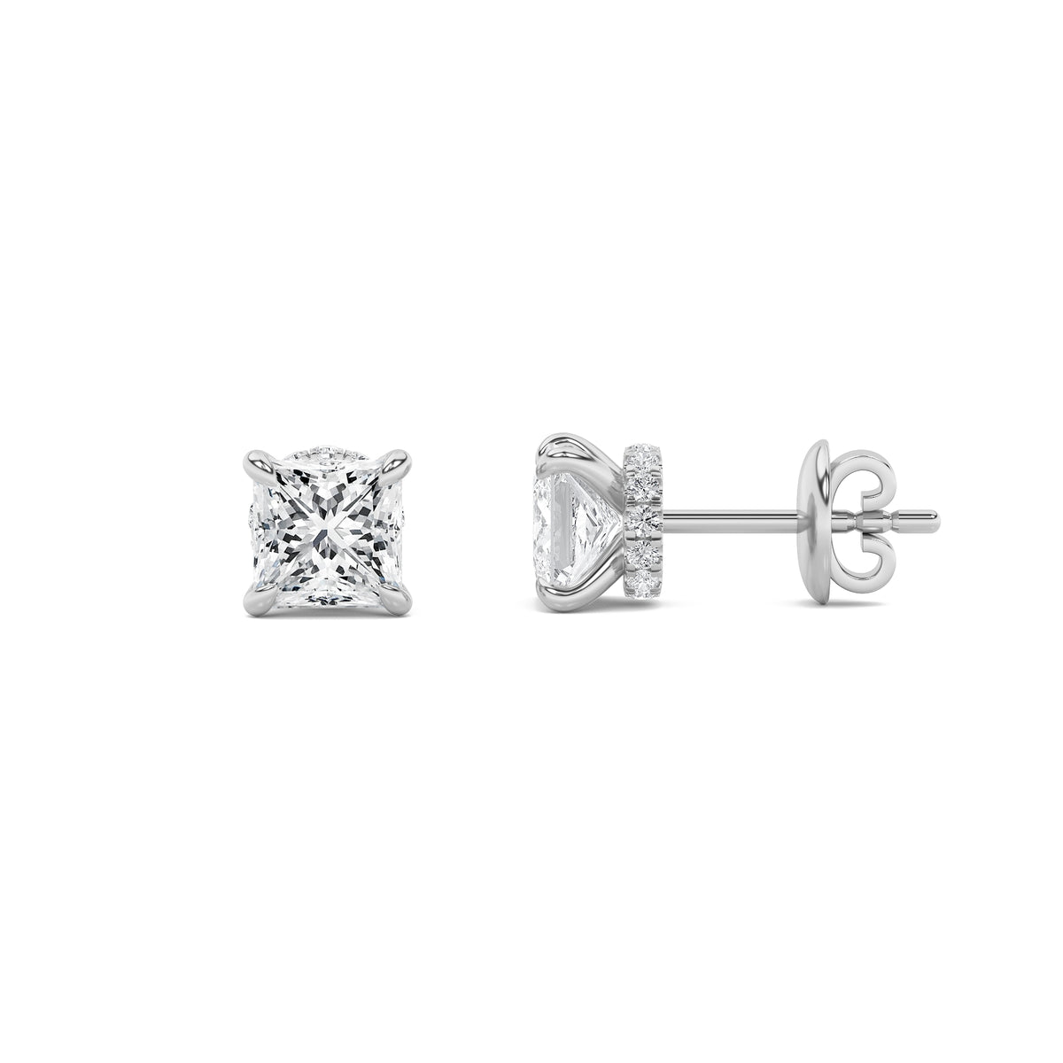 3Cttw Princess Shaped Lab Grown Diamond (F/VS) Hidden Halo Stud Earrings in 14K Gold