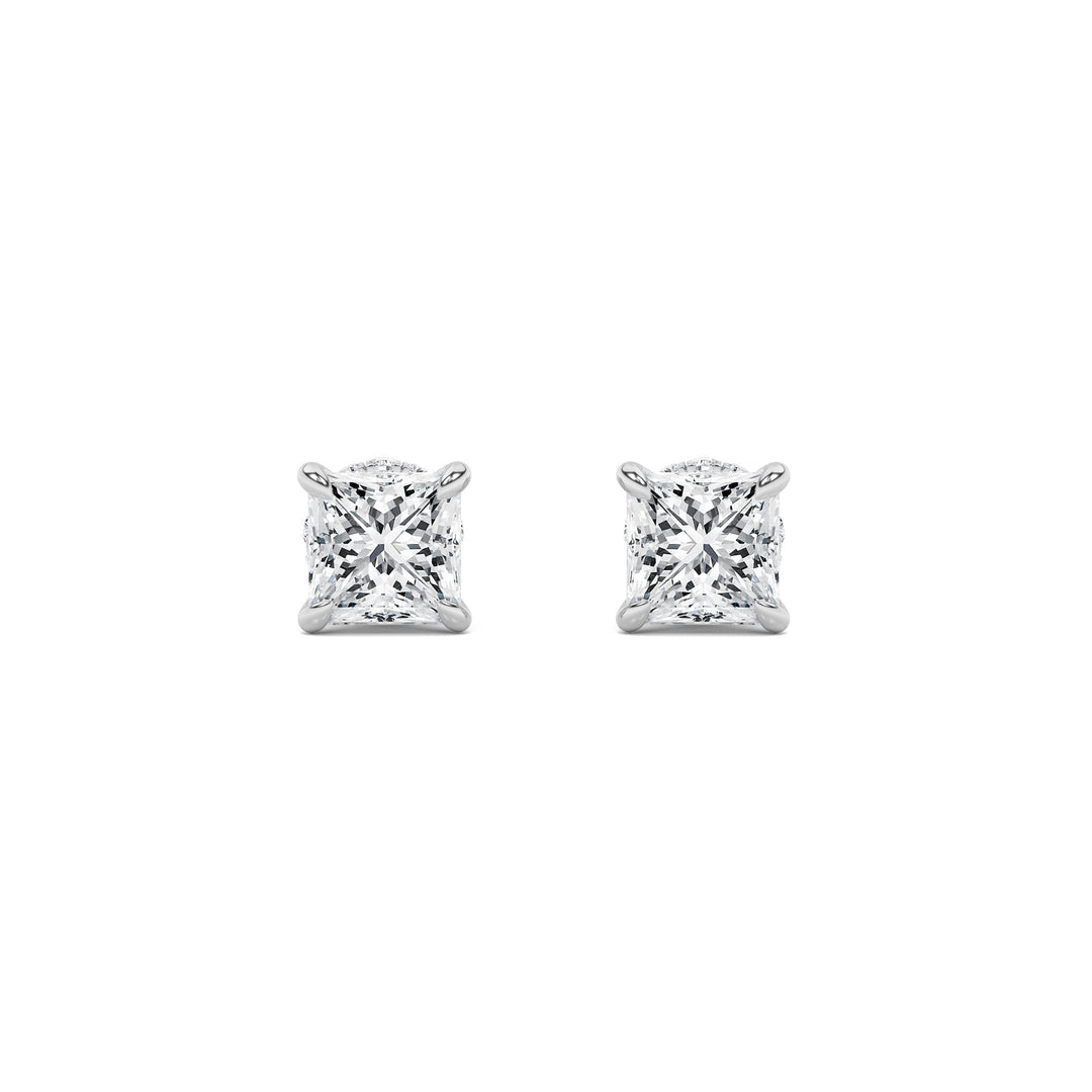3Cttw Princess Shaped Lab Grown Diamond (F/VS) Hidden Halo Stud Earrings in 14K Gold