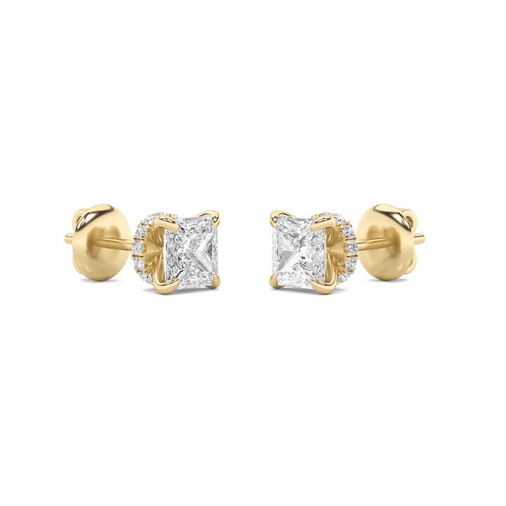 3Cttw Princess Shaped Lab Grown Diamond (F/VS) Hidden Halo Stud Earrings in 14K Gold