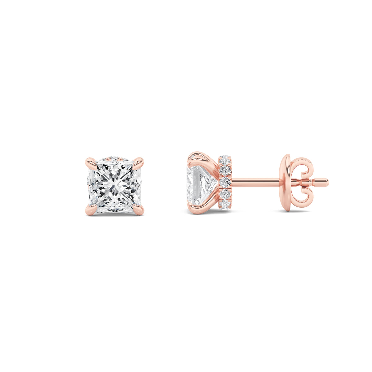 3Cttw Princess Shaped Lab Grown Diamond (F/VS) Hidden Halo Stud Earrings in 14K Gold