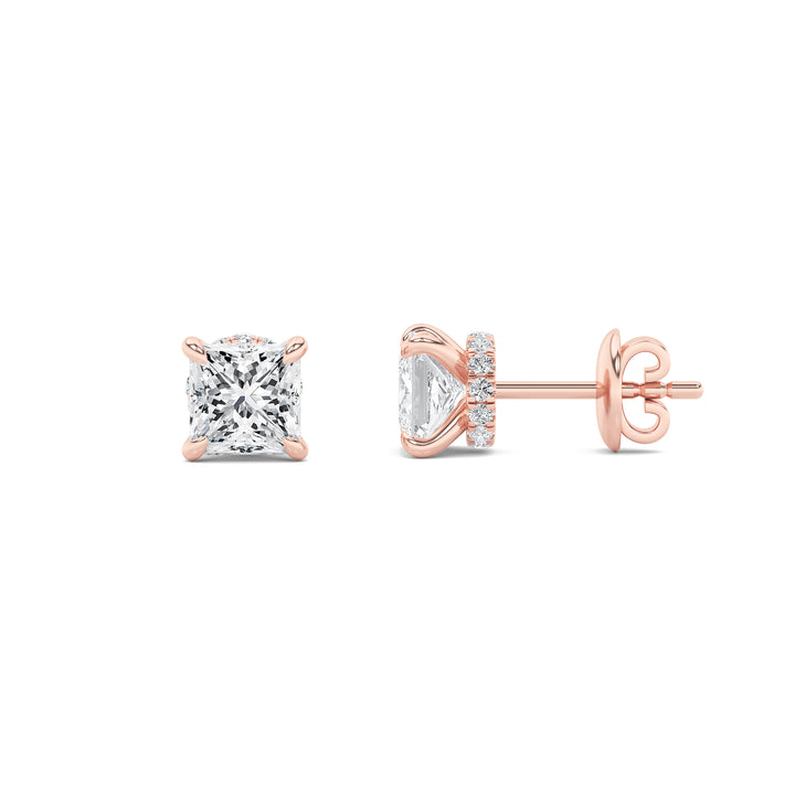 3Cttw Princess Shaped Lab Grown Diamond (F/VS) Hidden Halo Stud Earrings in 14K Gold