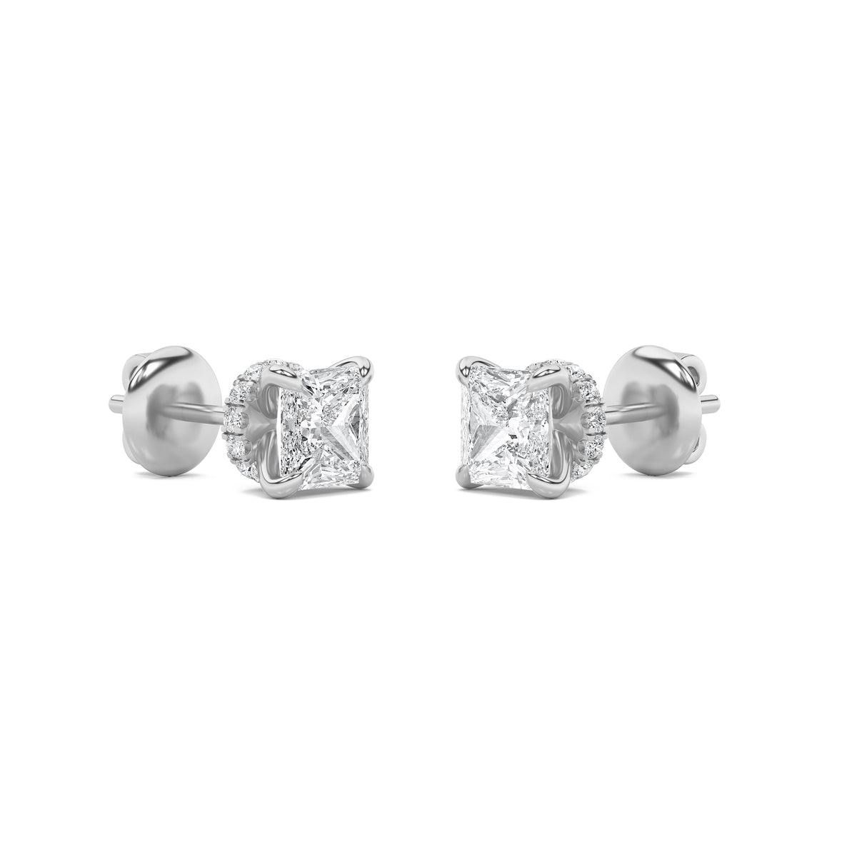 5Cttw Princess Shaped Lab Grown Diamond (F/VS) Hidden Halo Stud Earrings in 14K Gold