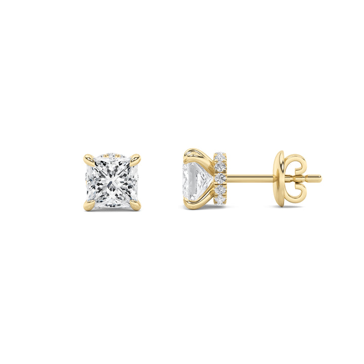 5Cttw Princess Shaped Lab Grown Diamond (F/VS) Hidden Halo Stud Earrings in 14K Gold