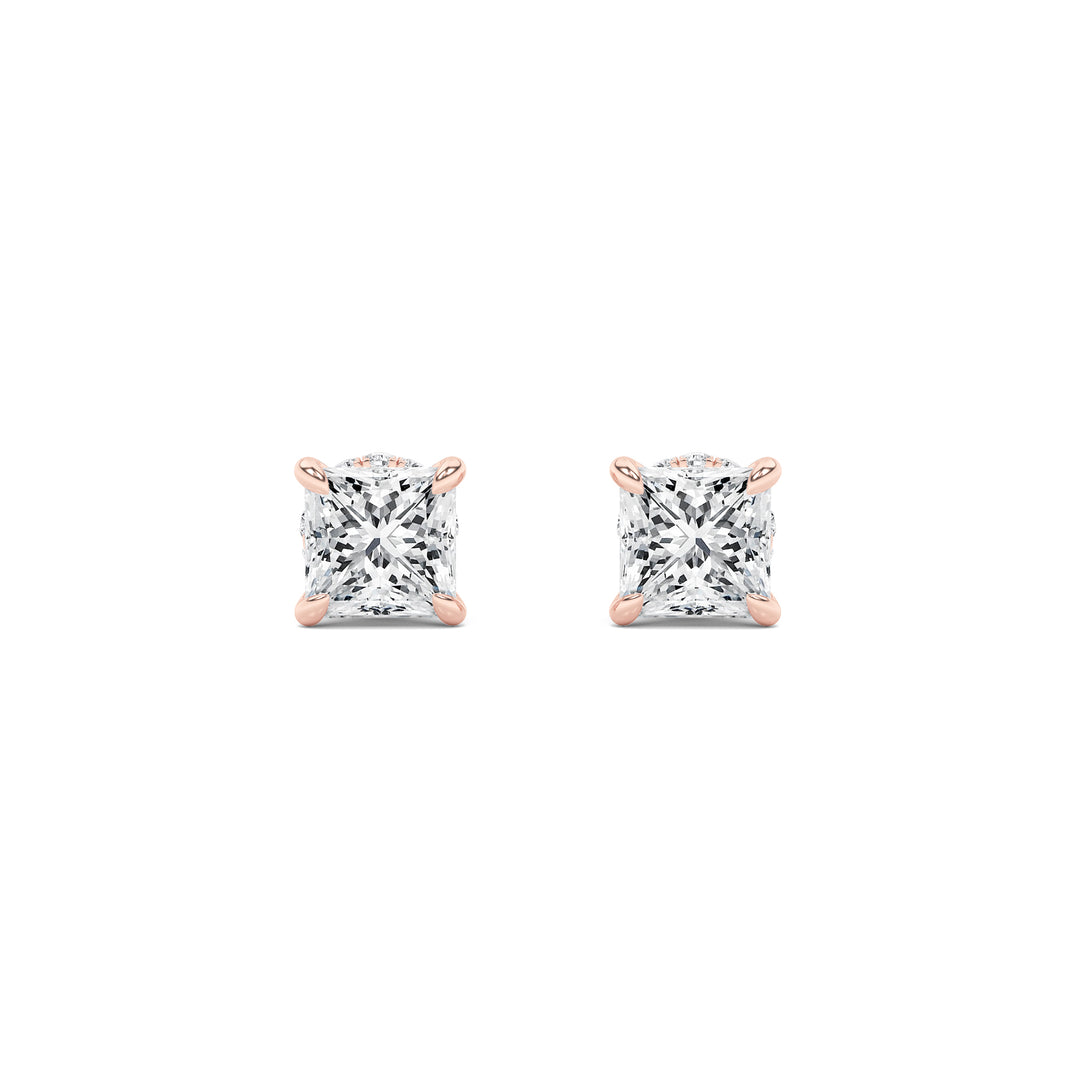 5Cttw Princess Shaped Lab Grown Diamond (F/VS) Hidden Halo Stud Earrings in 14K Gold