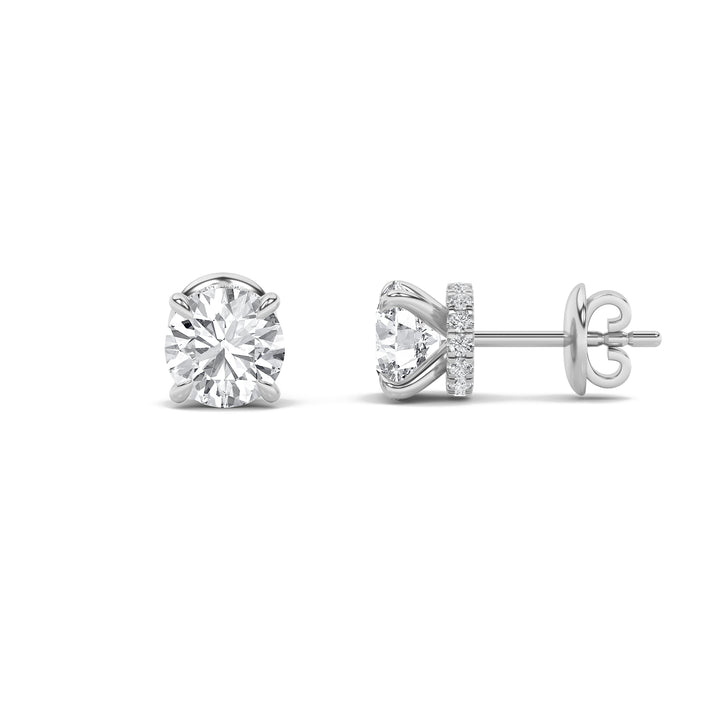 3Cttw Round Shaped Lab Grown Diamond (F/VS) Hidden Halo Stud Earrings in 14K Gold