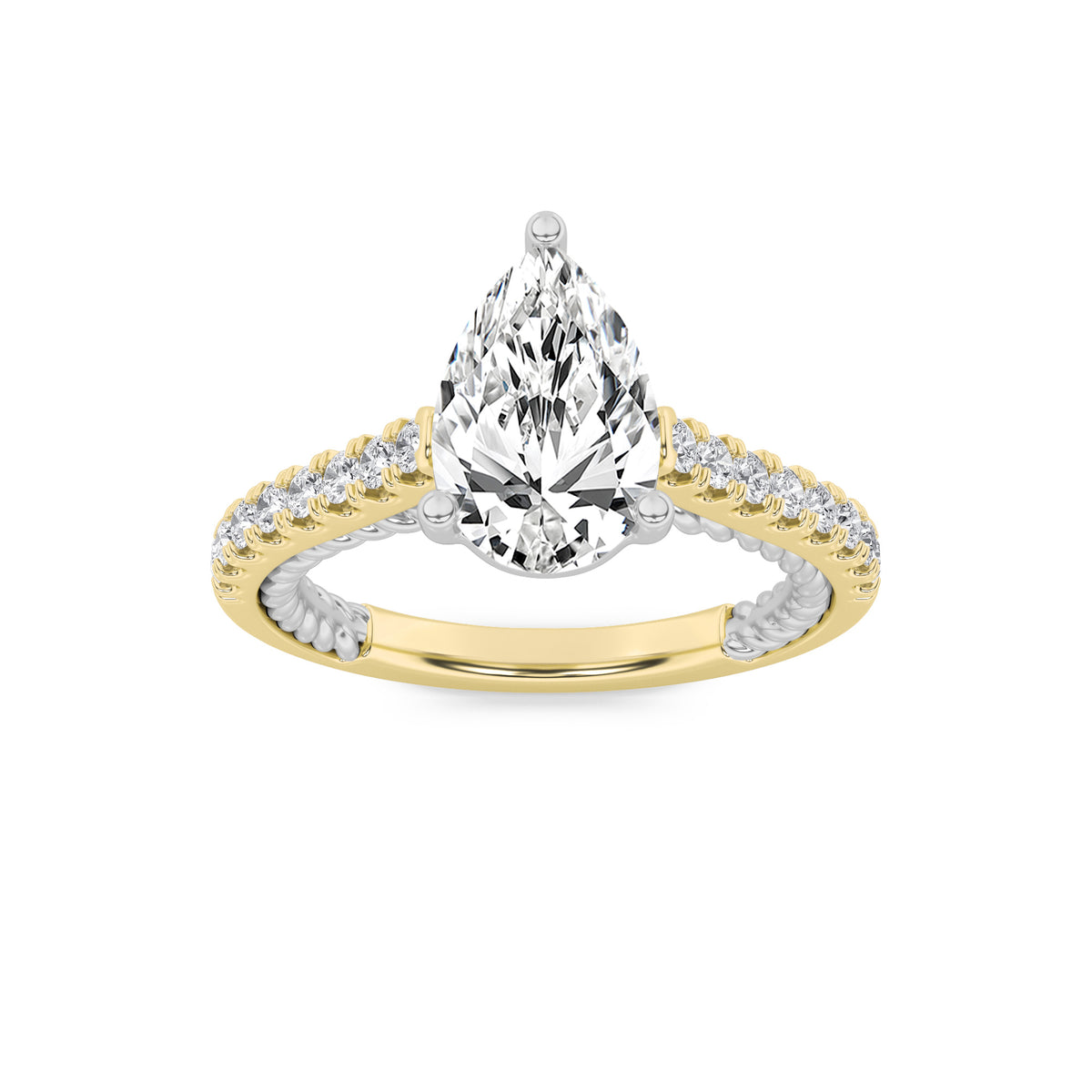 2Cttw Pear Shaped Lab Grown Diamond (F/VS) Two Tone Accented Rope Design Engagement Ring in 14K Gold