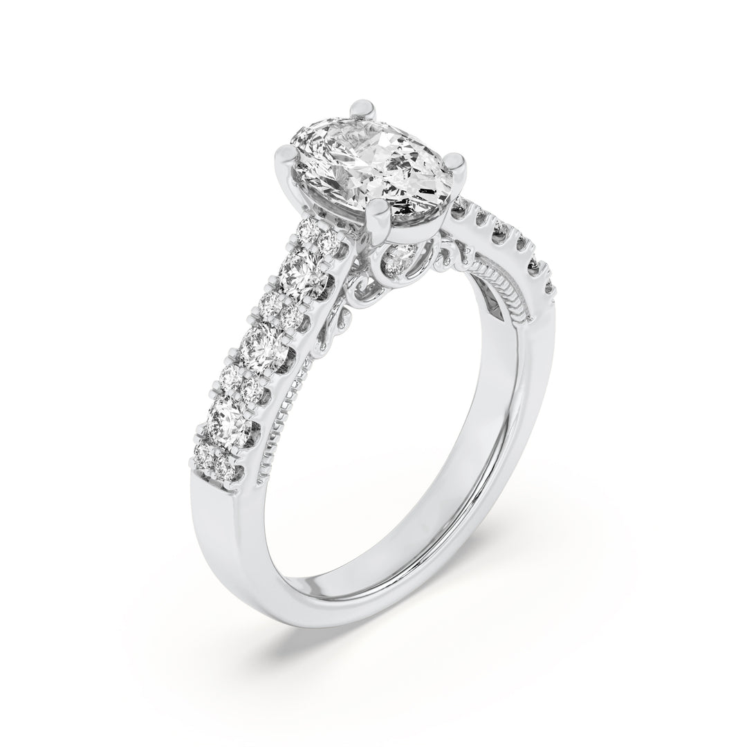2Cttw Oval Shaped Lab Grown Diamond (F/VS) Accented Milgrain Engagement Ring in 14K Gold