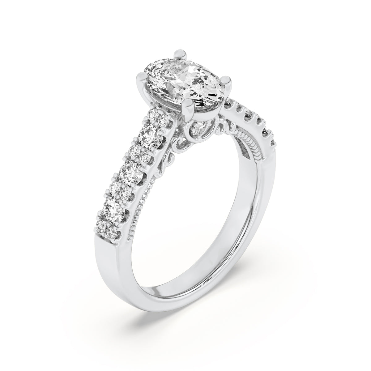 2Cttw Oval Shaped Lab Grown Diamond (F/VS) Accented Milgrain Engagement Ring in 14K Gold