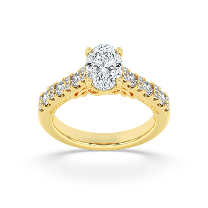 2Cttw Oval Shaped Lab Grown Diamond (F/VS) Accented Milgrain Engagement Ring in 14K Gold