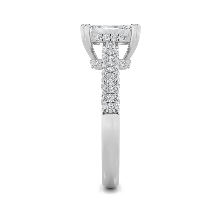3Cttw Emerald Shaped Lab Grown Diamond (F/VS) Triple Row Accented Engagement Ring in 14K Gold