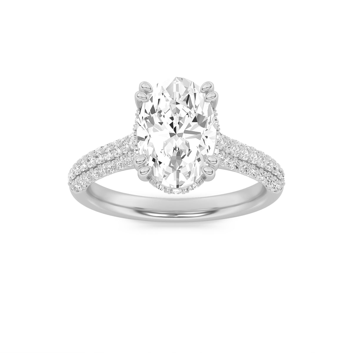3Cttw Oval Shaped Lab Grown Diamond (F/VS) TripleRow Accented Engagement Ring in 14K Gold