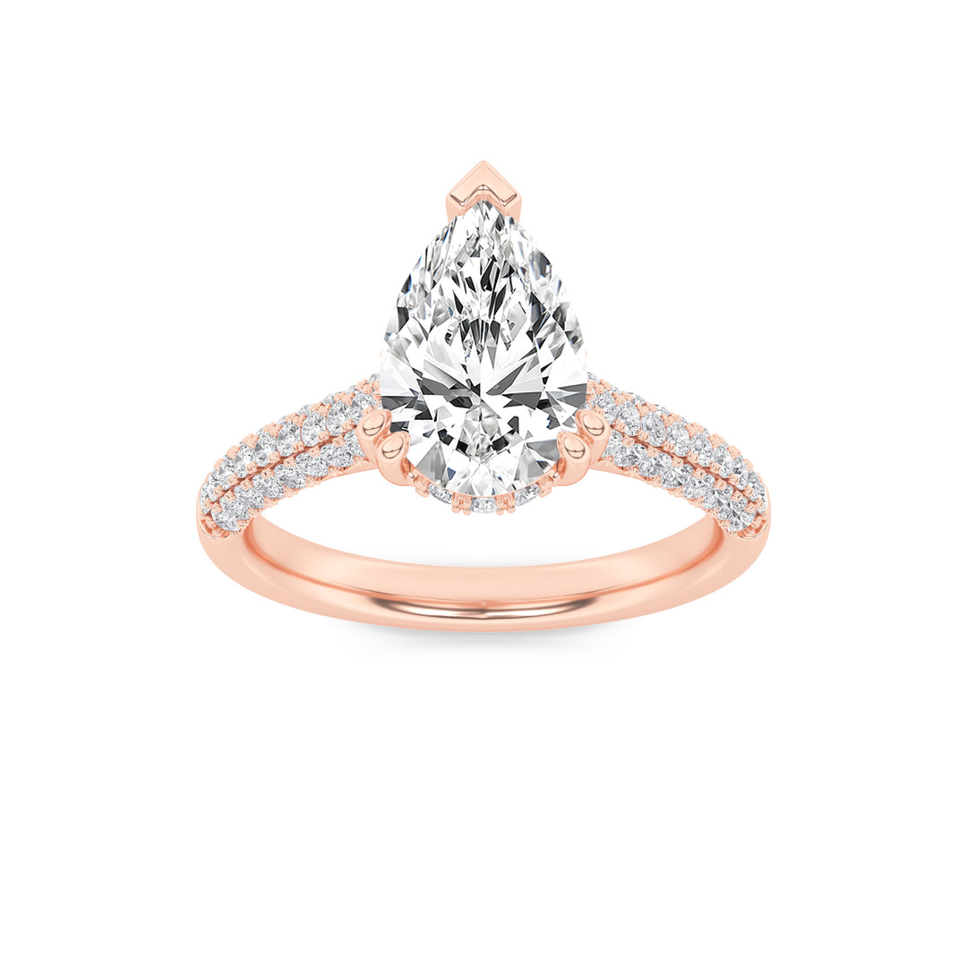 3Cttw Pear Shaped Lab Grown Diamond (F/VS) TripleRow Accented Engagement Ring in 14K Gold