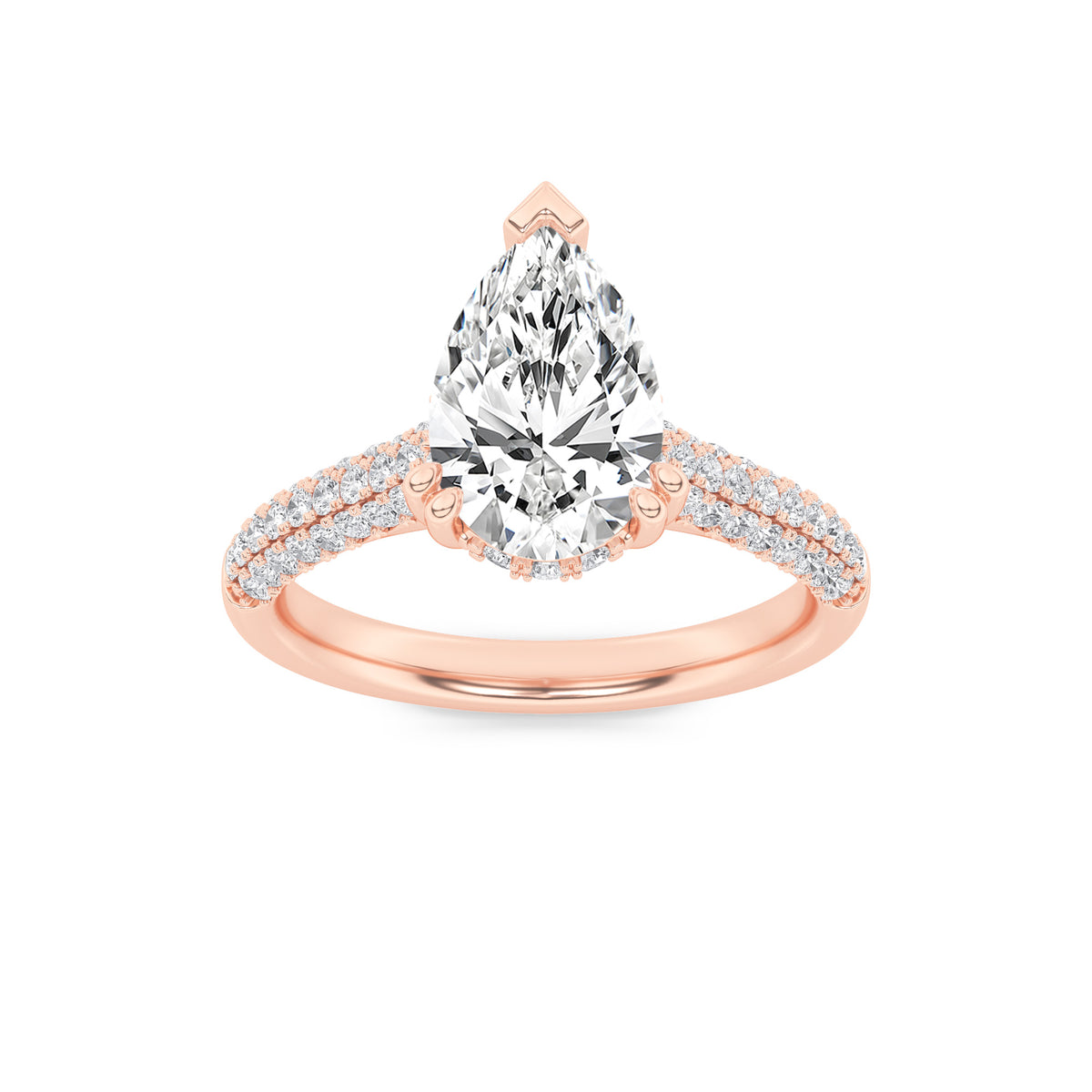 3Cttw Pear Shaped Lab Grown Diamond (F/VS) TripleRow Accented Engagement Ring in 14K Gold