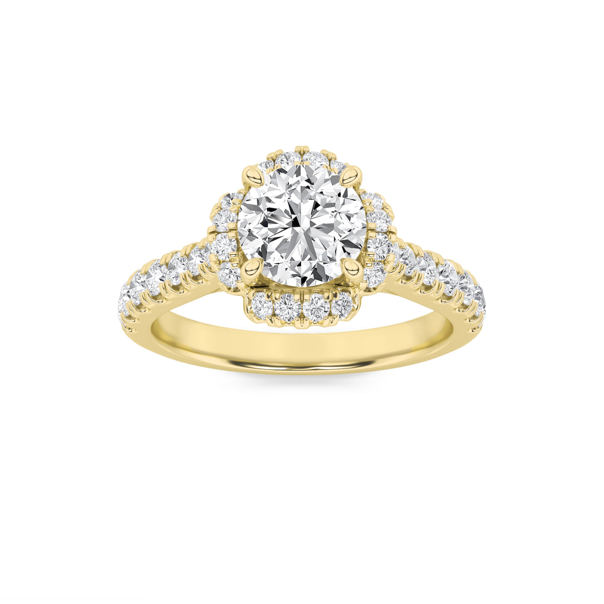 1.5Cttw Round Shaped Lab Grown Diamond (F/VVS) Halo Accented Engagement Ring in 14K Gold