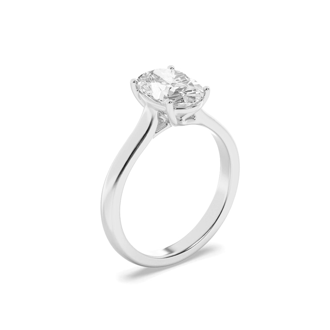 1Cttw Oval Shaped Lab Grown Diamond (F/VS) Plain Cathedral Trellis Shank Solitaire Engagement Ring in 14K Gold
