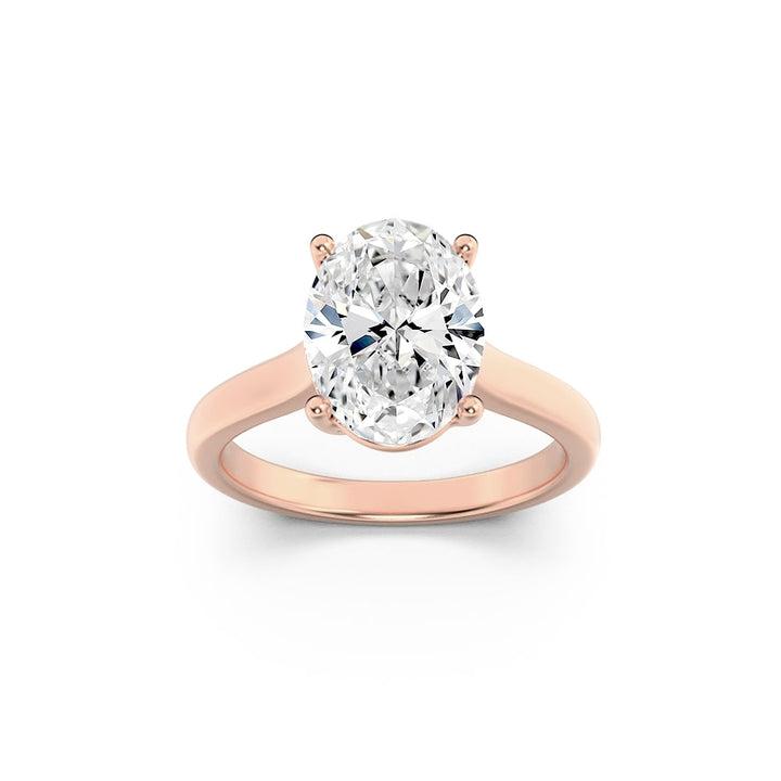 1Cttw Oval Shaped Lab Grown Diamond (F/VS) Plain Cathedral Trellis Shank Solitaire Engagement Ring in 14K Gold