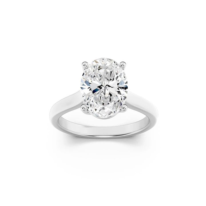 2.5Cttw Oval Shaped Lab Grown Diamond (F/VS) Plain Cathedral Trellis Shank Solitaire Engagement Ring in 14K Gold