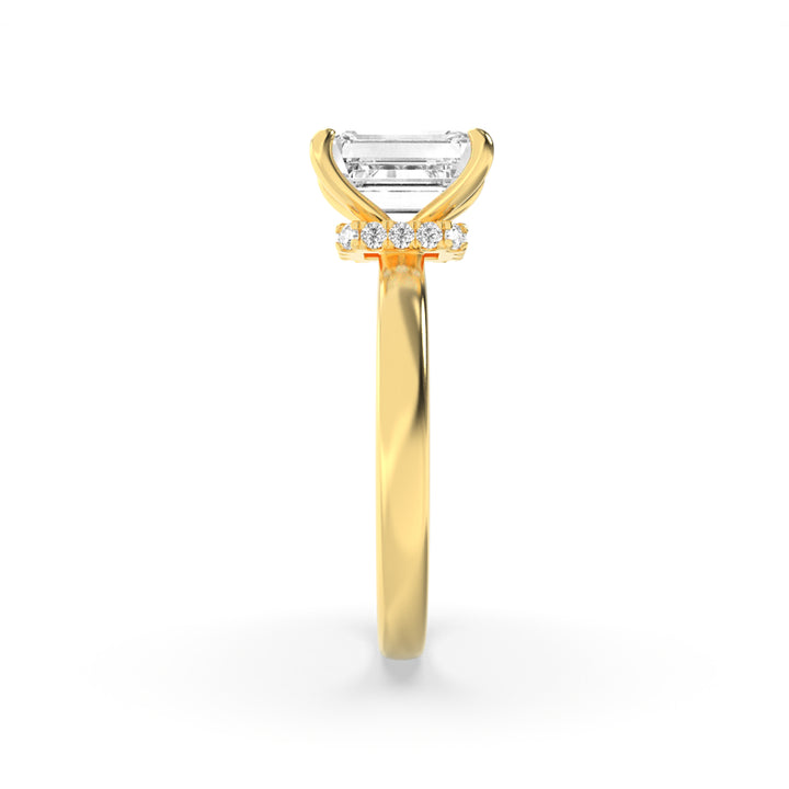 1Cttw Emerald Shaped Lab Grown Diamond (F/VS) Hidden Halo Plain Shank Engagement Ring in 14K Gold