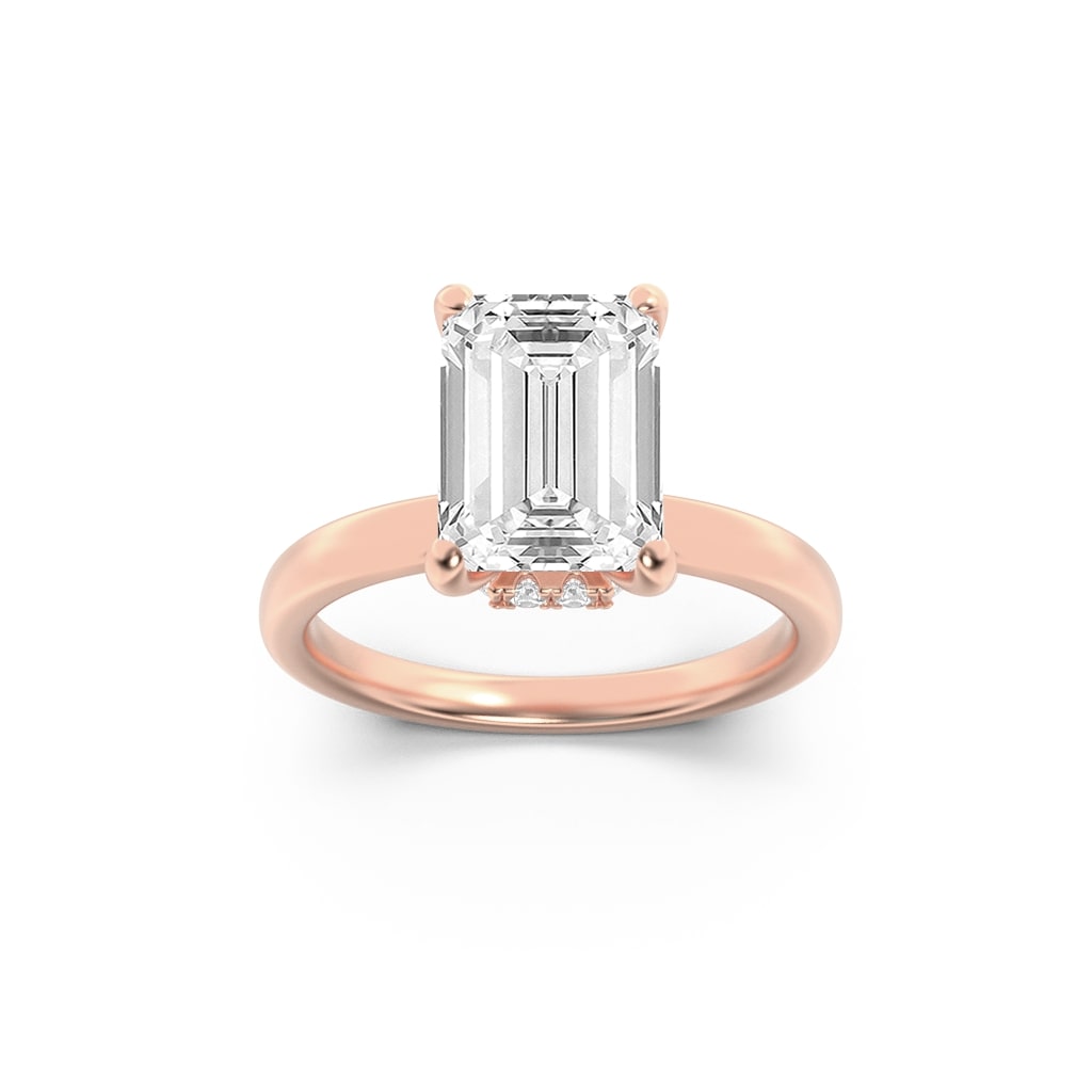 1Cttw Emerald Shaped Lab Grown Diamond (F/VS) Hidden Halo Plain Shank Engagement Ring in 14K Gold