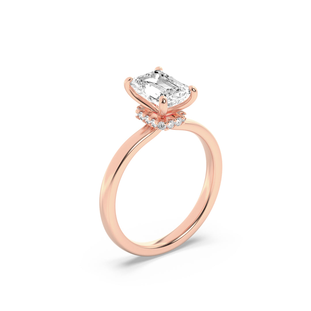 1Cttw Emerald Shaped Lab Grown Diamond (F/VS) Hidden Halo Plain Shank Engagement Ring in 14K Gold