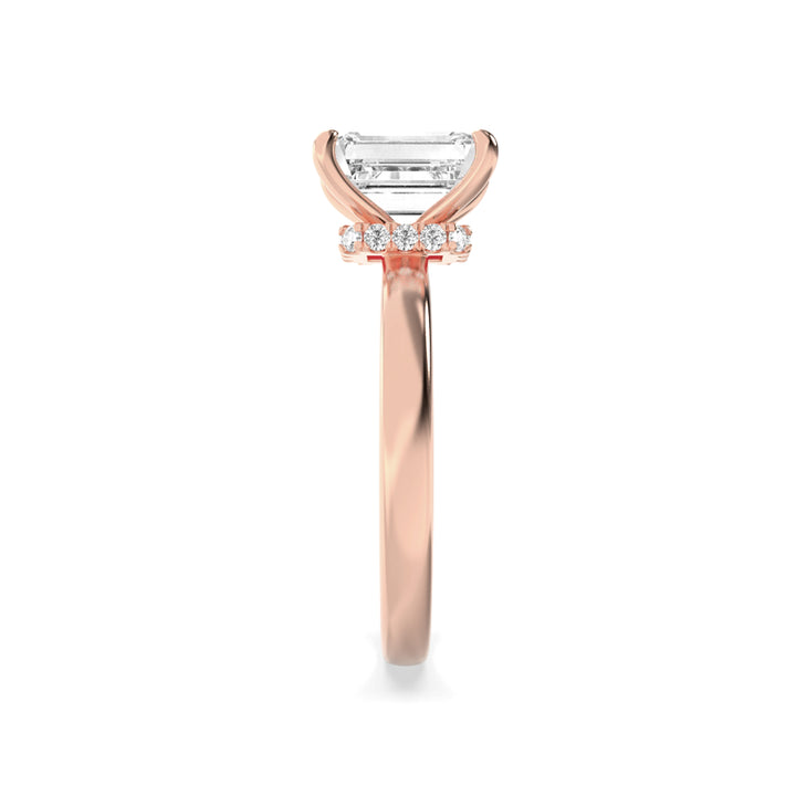 1Cttw Emerald Shaped Lab Grown Diamond (F/VS) Hidden Halo Plain Shank Engagement Ring in 14K Gold