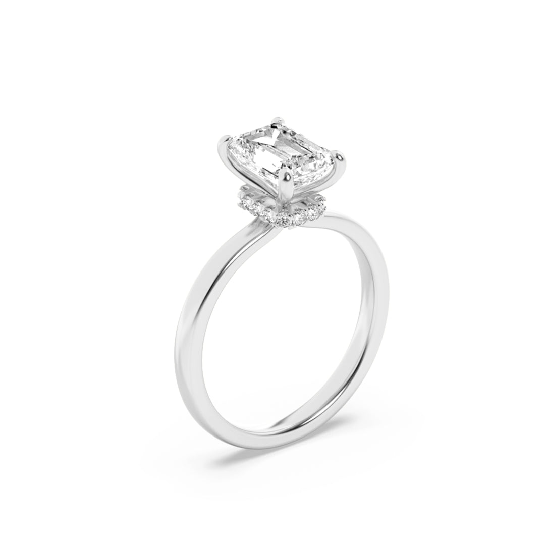 2Cttw Emerald Shaped Lab Grown Diamond (F/VS) Hidden Halo Plain Shank Engagement Ring in 14K Gold